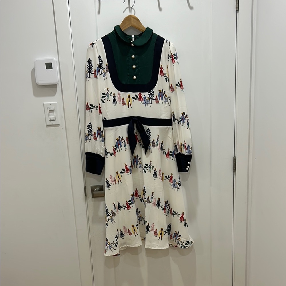 Vintage Style White and Green Dress with Forest Print